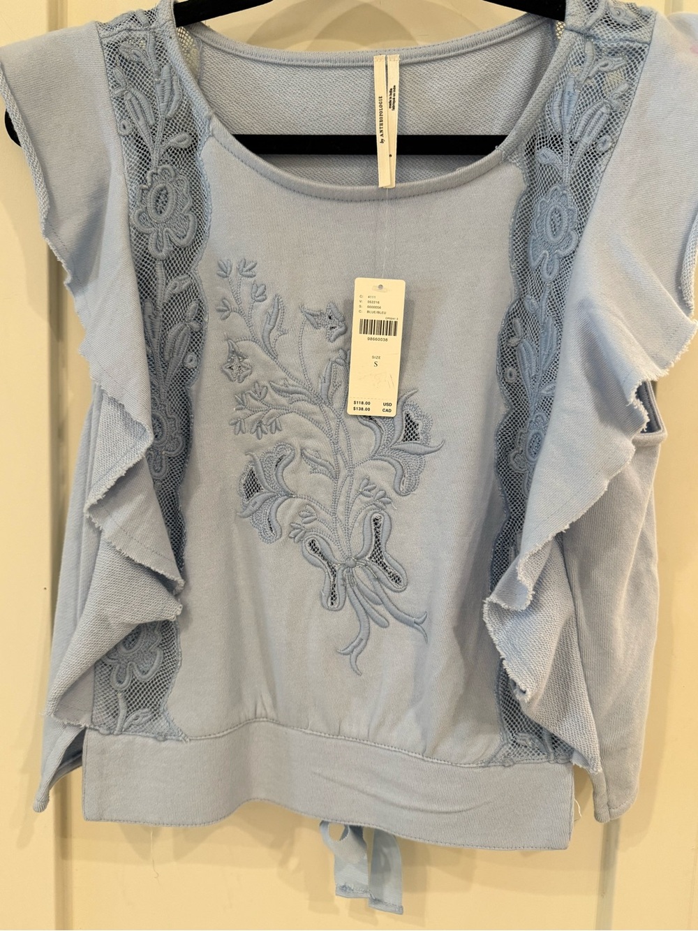 Anthropologie Light Blue Embroidered Ruffle Tank